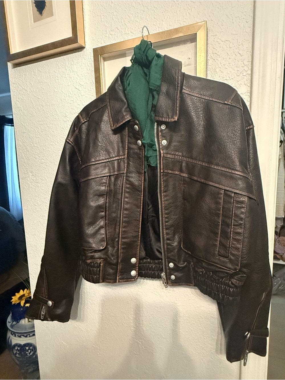 Blank NYC Brown Leather Jacket with Green Scarf Accent